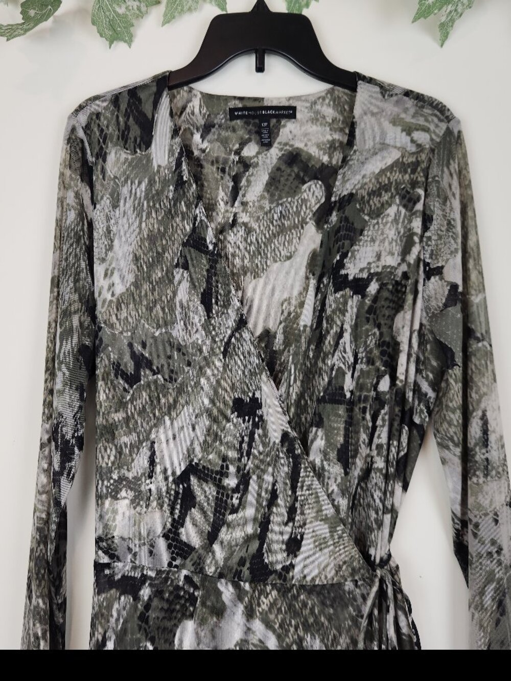 White House Black Market Size 12P Olive  Long Sleeve Tiered Midi Mesh Wrap Dress - Picture 4 of 9